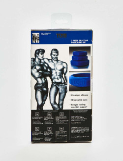 Set of 3 Blue Silicone Cock Ring from Tom of Finland packaging