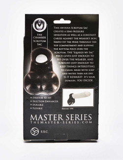 Black TPR Cock Ring Squeeze My Sack from Master Series packaging