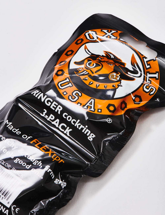 Pack of 3 black Cock Rings Flex TPR from Oxballs packaging detail