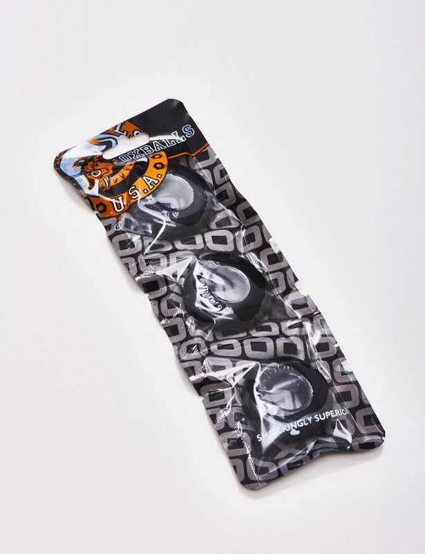 Pack of 3 black Cock Rings Flex TPR from Oxballs packaging