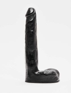 Realistic Dildo from All Black in 21cm compared to a mug
